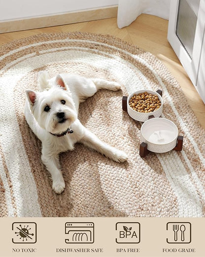 MALACASA Dog Bowl Set with Walnut Wood Stand, 1.5 Cups Ceramic Pet Bowls for Puppy Dogs, Dual Food and Water Bowls with Non-Slip Base, Basic Bowls for Your Dog or Cat, Five-Leaf Grass & Honeycomb