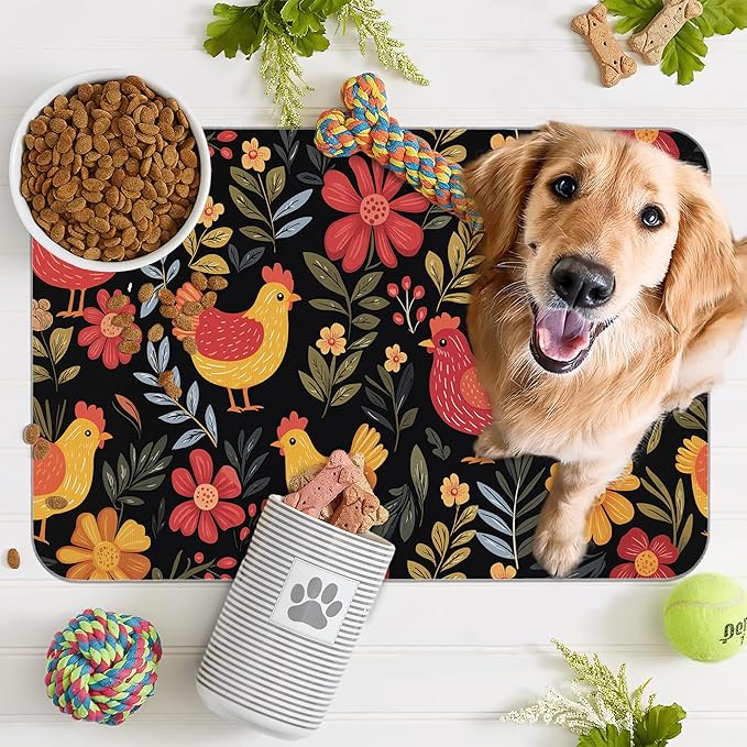 Chicken Rooster Hen Flower Meadow Dog Cat Food Mat,Absorbent Pet Feeding Mat with Rubber Backing,Non-Slip Water Bowl Placemat,Indoor Pet Accessories Supplies 12"x20"