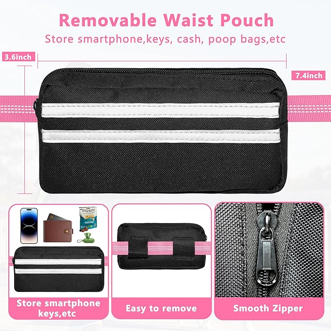 Hands Free Dog Leash with Zipper Pouch, Running Waist Leash for Dog Walking, Adjustable Waist Belt for Large Dogs, Reflective Bungee Design with Two Handle for Hiking, Training, Pink