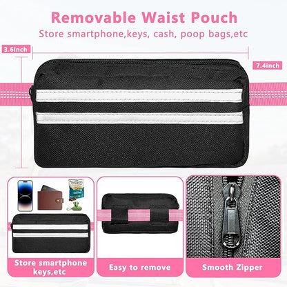 Hands Free Dog Leash with Zipper Pouch, Running Waist Leash for Dog Walking, Adjustable Waist Belt for Large Dogs, Reflective Bungee Design with Two Handle for Hiking, Training, Pink
