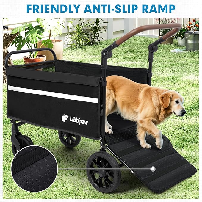 Dog Wagon for Medium Large Dogs up to 200lbs, All Terrain Foldable Large Pet Stroller with Ramp, Dog Wagon Cart with Adjustable Handle & One-Step Brake(Black)