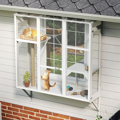 PawHut Outdoor Catio, Cat Window Catio Box Enclosure for 2-3 Large Indoor Cats with 2 Jumping Platforms, Scratching Post, for Playing, Sunbathing, Napping, Cat Window Perch for Enjoying Sights, White