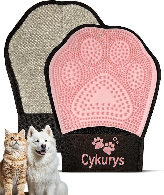 Pet Hair Removal Glove for Dogs & Cats, 2-in-1 Double-Sided Pet Grooming Tool, Electrostatic Pet Hair Remover Glove for Clothes & Furniture + Silicone Brush for Deshedding Pets,Pink