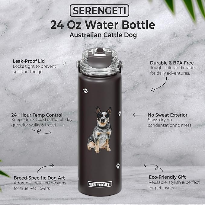 SERENGETI 24 Oz Water Bottle Stainless Steel with Spill Proof Lid - Double walled Vacuum Insulated water flask - Realistic 3D Print of your favorite dog (Australian Cattle Dog)