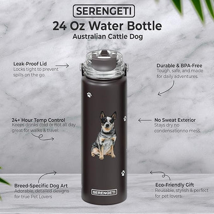 SERENGETI 24 Oz Water Bottle Stainless Steel with Spill Proof Lid - Double walled Vacuum Insulated water flask - Realistic 3D Print of your favorite dog (Australian Cattle Dog)