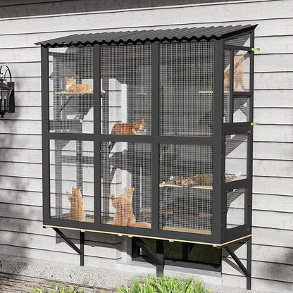Large Catio Cat Window Box, Outdoor Cats Window Perch Enclosure for Indoor Cats with 4 Jump Platforms & 4 Doors, Kitten Cat Patio House Connected with Tunnels, All Weather Use (Black)