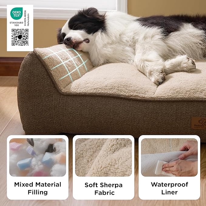 Bedsure SupportMax™ Orthopedic Dog Beds Large Sized Dog - As Seen on TV Extra Thick Supportive Large Dogs Bed with Waterproof Washable Cover, L Plus Comfort Pet Sofa with Soft Sherpa, Brown, 38"