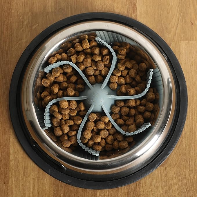 Gibson Home Curious Canines 7.5” Slow Feeder Dog Bowl Insert, Silicone Anti-Gulp Insert, Fits Stainless Steel & Standard Dog Bowls, Dishwasher Safe, Blue
