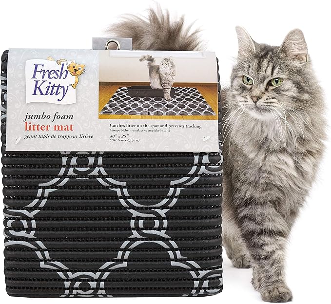 Fresh Kitty Durable XL Jumbo Foam Litter Box Mat – No Phthalate, Water Resistant, Traps Litter from Box, Scatter Control, Easy Clean Mats – Black & White 40"x 25", Black/White Quatrefoil (9036)