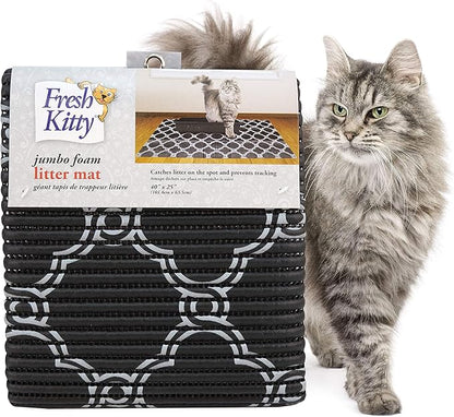 Fresh Kitty Durable XL Jumbo Foam Litter Box Mat – No Phthalate, Water Resistant, Traps Litter from Box, Scatter Control, Easy Clean Mats – Black & White 40"x 25", Black/White Quatrefoil (9036)