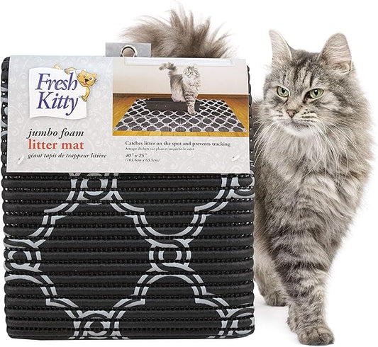 Fresh Kitty Durable XL Jumbo Foam Litter Box Mat – No Phthalate, Water Resistant, Traps Litter from Box, Scatter Control, Easy Clean Mats – Black & White 40"x 25", Black/White Quatrefoil (9036)