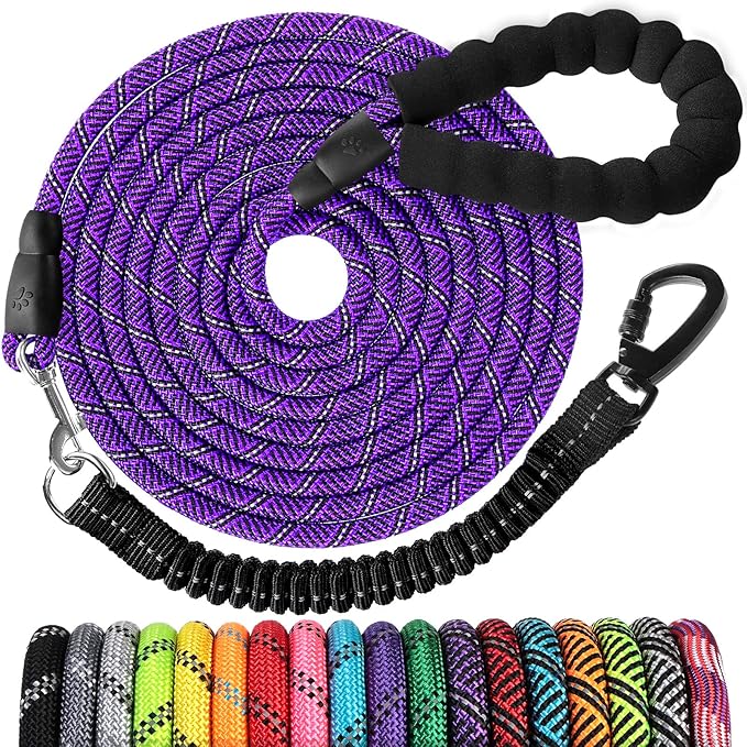 Long Dog Leash 15 FT: Heavy Duty Rope Leashes for Dogs Training with Swivel Lockable Hook Reflective Threads Bungee and Padded Handle - Dog Lead for Large Small Medium Dogs Outside Walking Hiking