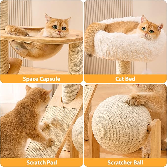HITTITE Solid Wood Cat Tree Tower with Scratching Post, 37.8 Inches Tall Cat Towers with Scratching Board and Scratcher Ball, Modern Cat Tower With Space Capsule and Removable Top Bed for Indoor Cats.