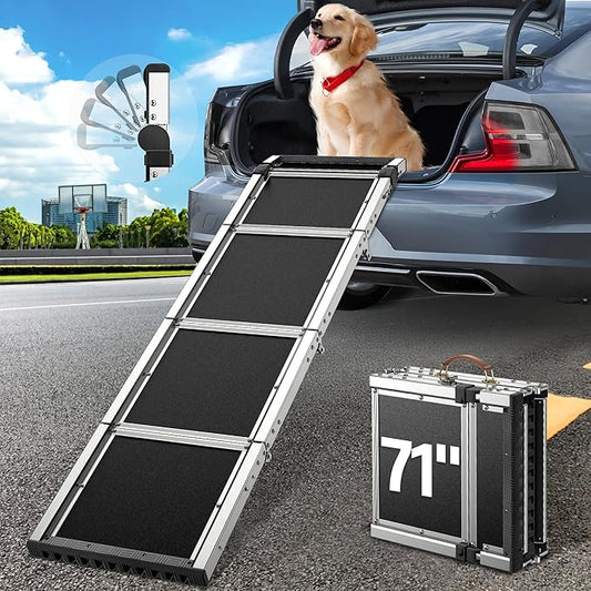 𝐍𝐞𝐰𝐥𝐲 𝐔𝐩𝐠𝐫𝐚𝐝𝐞𝐝 Dog Ramp for Car (200 lbs), Extra L71” W17” Folding Pet Ramp for Large Dogs Ratchet-Adjustable 90° Head, Outdoor Anti-Slip Foldable Dog Car Ramps for SUV Truck Side Door