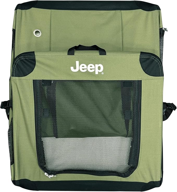 Jeep Portable Travel Crate for Dogs (Rugged Green) Easy Collapsible Soft Sided Kennel Carrier for Pets with Fleece Pad – Gifts for Jeep Owners (32 x 23 x 23 inch - Large)