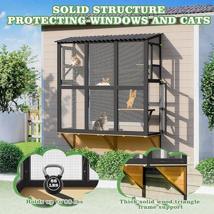Catio Outdoor Cat Enclosure Window Perch, Expandable Cat Window Box for Multiple Indoor Cats w/4 Platforms & 4 Doors, Patio Kitten House for Sunbathing Overlooking Tunnel Connection (Black)