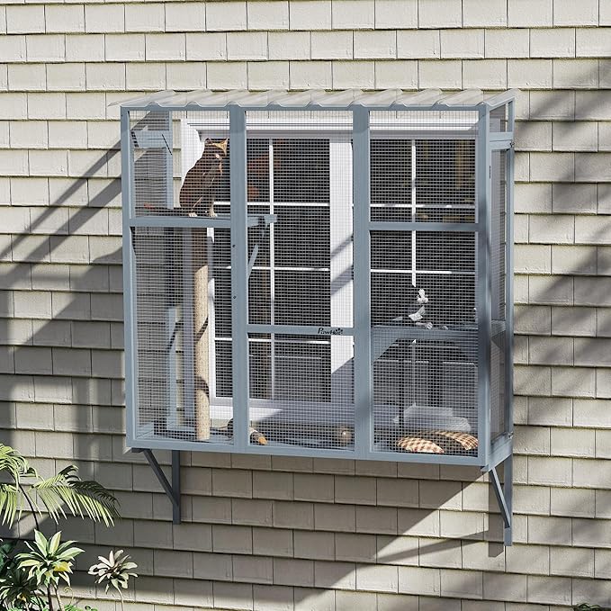 PawHut Outdoor Catio, Cat Window Catio Box Enclosure for 2-3 Large Indoor Cats with 2 Jumping Platforms, Scratching Post, for Playing, Sunbathing, Napping, Cat Window Perch for Enjoying Sights, Gray
