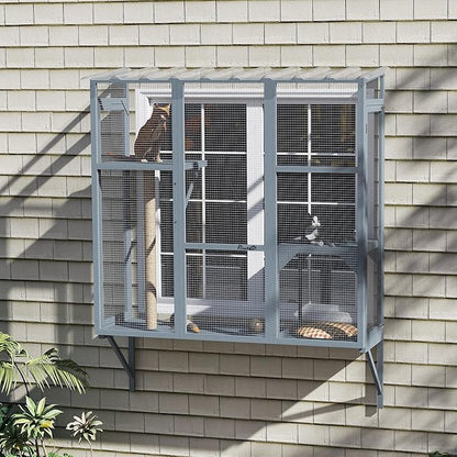 PawHut Outdoor Catio, Cat Window Catio Box Enclosure for 2-3 Large Indoor Cats with 2 Jumping Platforms, Scratching Post, for Playing, Sunbathing, Napping, Cat Window Perch for Enjoying Sights, Gray