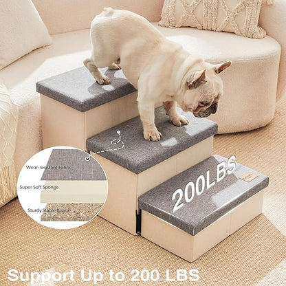 Love's cabin Dog Stairs for High Bed 18" H, Foldable Pet Stairs for Small Medium or Large Dogs Puppy with Storage for Bed or Couch, Cat Dog Steps Ramp with Zip up to 200 lbs, Light Grey, 3 Steps