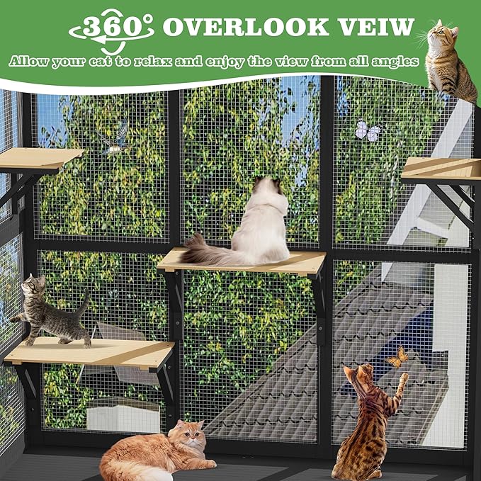 Catio Outdoor Cat Enclosure Window Perch, Expandable Cat Window Box for Multiple Indoor Cats w/4 Platforms & 4 Doors, Patio Kitten House for Sunbathing Overlooking Tunnel Connection (Black)