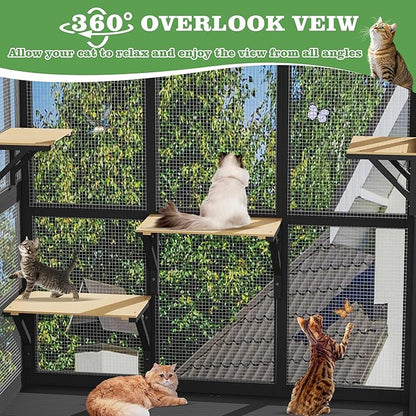 Catio Outdoor Cat Enclosure Window Perch, Expandable Cat Window Box for Multiple Indoor Cats w/4 Platforms & 4 Doors, Patio Kitten House for Sunbathing Overlooking Tunnel Connection (Black)