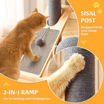 HITTITE Solid Wood Cat Tree Tower with Scratching Post, 37.8 Inches Tall Cat Towers with Scratching Board and Scratcher Ball, Modern Cat Tower With Space Capsule and Removable Top Bed for Indoor Cats.