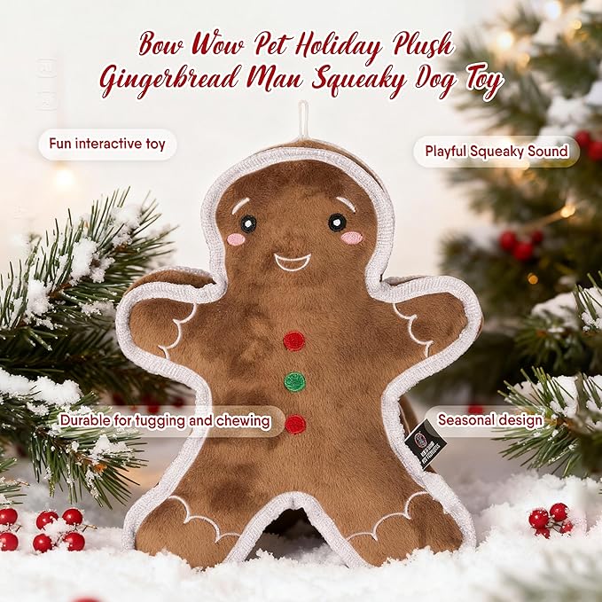 Bow Wow Pet Holiday Gingerbread Gusset Squeaky Plush Dog Toy