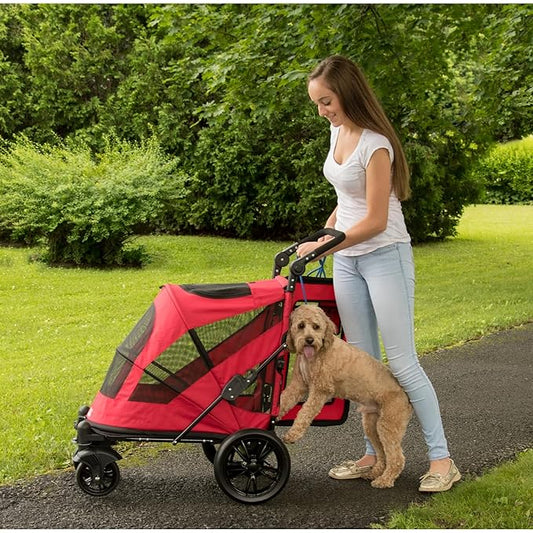Pet Gear NO-Zip Pet Stroller with Dual Entry, Push Button Zipperless Entry for Single or Multiple Dogs/Cats, Pet Can Easily Walk in/Out, Gel-Filled Tires, Cherry, Excursion