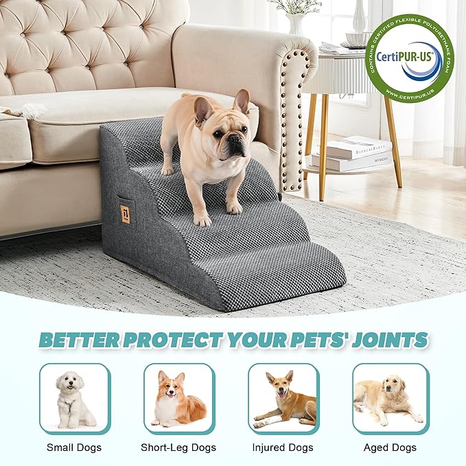 IFNOW Dog Stairs for Small Dogs 15.7''H, 4-Step Sturdy Dog Steps for Bed, Couch, Sofa, Waterproof Pet Stairs for Older Cats, Puppy, Removable Washable Cover, Non-Slip Curved Pet Ramp Indoor, Grey