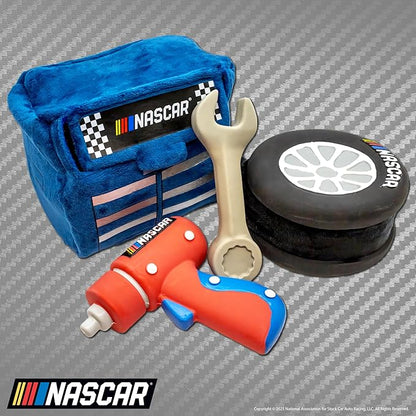 design LAB, Inc. NASCAR Official Merchandise | NASCAR Toy Rubber Race Car, Plush Toy Tool Box & Impact Wrench Gift Set | Interactive Squeaky Pet Toys for Dogs