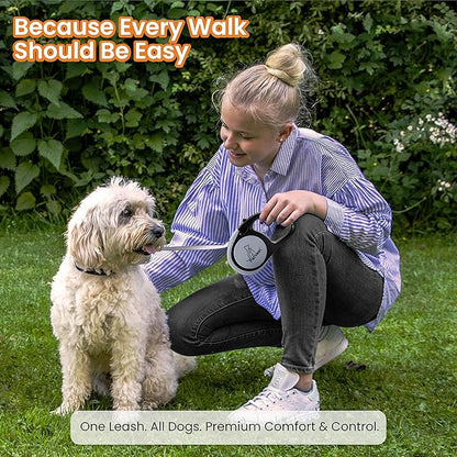 Dual Retractable Dog Leash,10 FT Tangle-Free Leash for 2 Dogs, Detachable for Single Use,One-Button Brake & Lock, Up to 44 lbs Each, 360° Swivel, Non-Slip Handle + Poop Bag Holder (Grey)