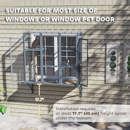 PawHut Outdoor Catio, Cat Window Catio Box Enclosure for 2-3 Large Indoor Cats with 2 Jumping Platforms, Scratching Post, for Playing, Sunbathing, Napping, Cat Window Perch for Enjoying Sights, Gray