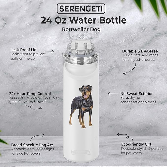 SERENGETI 24 Oz Water Bottle Stainless Steel with Spill Proof Lid - Double walled Vacuum Insulated water flask - Realistic 3D Print of your favorite dog (Rottweiler)