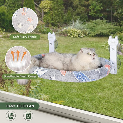 Cat Window Perch, Glow in The Dark Foldable Cat Hammock with Cozy Pad Bed, Breathable Cordless Window Seat with Stud Metal Frame for Large Cats and Kitten (Cushion Bed, 1 Pack - M)