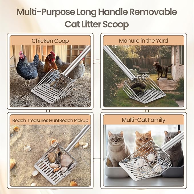 Heavy Duty Metal Cat Litter Scoop with Holder - Speed Sifter Litter Box Scooper Captures All Clumps - Kitty Litter Sifting Shovel Comfy Handle - Easy Clean with Hook（Long）