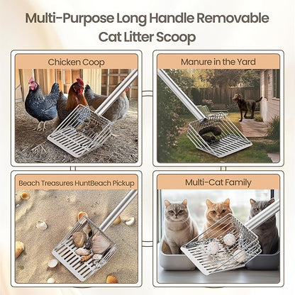 Heavy Duty Metal Cat Litter Scoop with Holder - Speed Sifter Litter Box Scooper Captures All Clumps - Kitty Litter Sifting Shovel Comfy Handle - Easy Clean with Hook（Long）