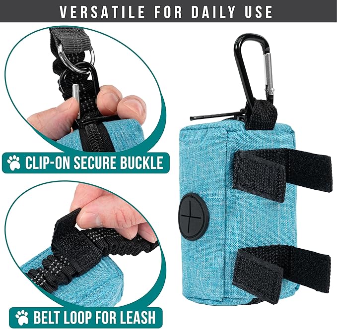 PetAmi Dog Poop Bag Holder & Waste Bag Dispenser with Clip-On Pouch Includes 1 Roll of Pet Waste Bags Portable Dog Walking Accessories for Leash, Belt or Backpack, Blue