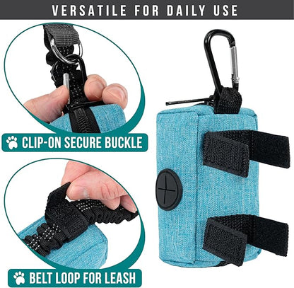 PetAmi Dog Poop Bag Holder & Waste Bag Dispenser with Clip-On Pouch Includes 1 Roll of Pet Waste Bags Portable Dog Walking Accessories for Leash, Belt or Backpack, Blue