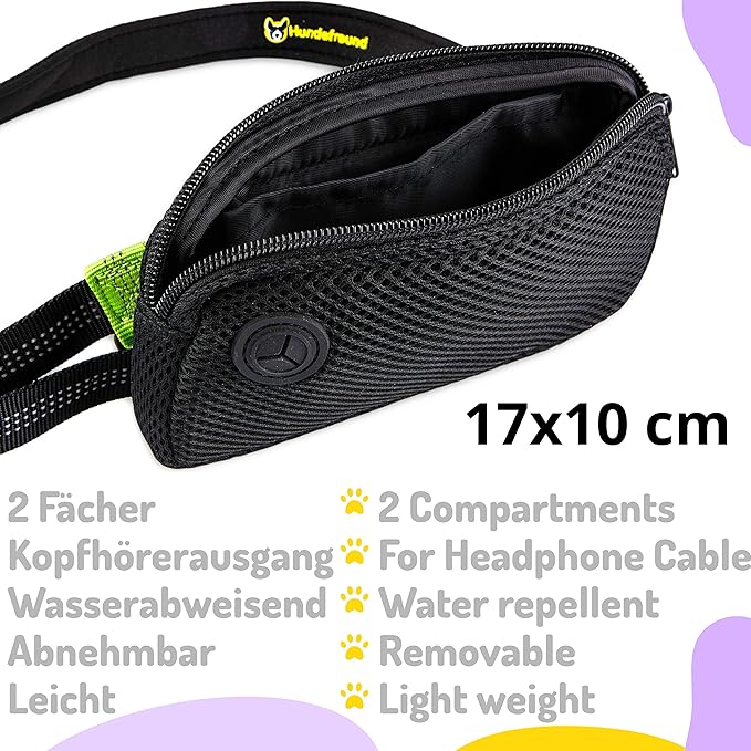 Hundefreund Hands-Free Leash for Small Dogs Under 30 lbs – Lightweight Waist Leash with Soft Bungee (43–63"), Padded Belt (26–47") & Pouch – Dual Handles, Reflective Stitching for Walking & Jogging
