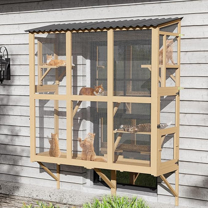 Large Catio Cat Window Box, Outdoor Cats Window Perch Enclosure for Indoor Cats with 4 Jump Platforms & 4 Doors, Kitten Cat Patio House Connected with Tunnels, All Weather Use (Natural)