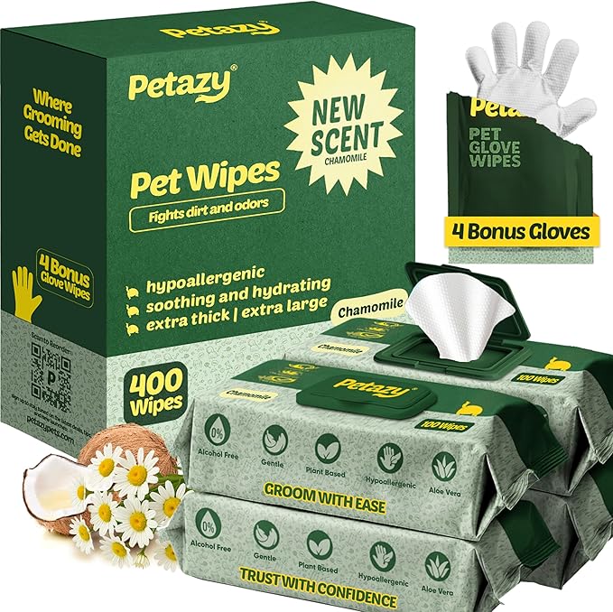 Dog Wipes for Paws and Butt – Hypoallergenic XL Dog Paw Cleaning Pet Wipes for Dogs and Cats, Deodorizing & Grooming for Body, Ears and Face, Chamomile, 400 Count, Includes 4 Grooming Gloves