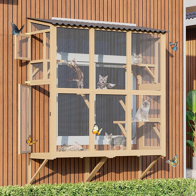 Catio Outdoor Cat Enclosure Window Perch, Expandable Cat Window Box for Multiple Indoor Cats w/4 Platforms & 4 Doors, Patio Kitten House for Sunbathing Overlooking Tunnel Connection (Burlywood)