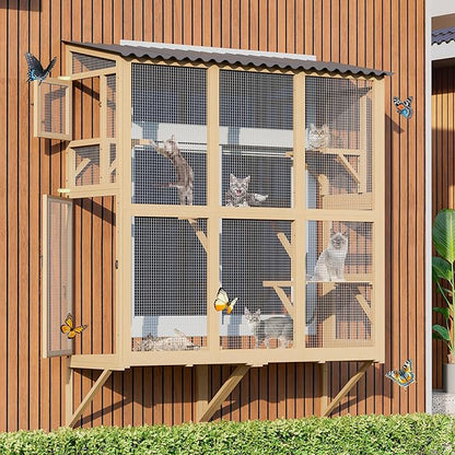Catio Outdoor Cat Enclosure Window Perch, Expandable Cat Window Box for Multiple Indoor Cats w/4 Platforms & 4 Doors, Patio Kitten House for Sunbathing Overlooking Tunnel Connection (Burlywood)