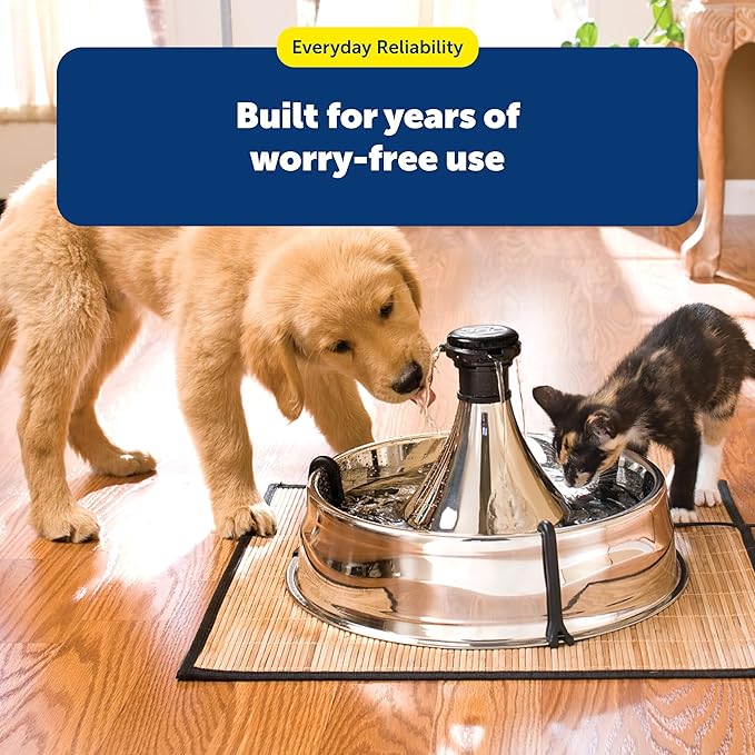 PetSafe Drinkwell Stainless Steel 360 Multiple Pet Fountain - Scratch and Rust Resistant Automatic Water Dispenser for Cats or Dogs - Adjustable Flow Control - 128 Ounce (3.8 Liter) - Filters Included