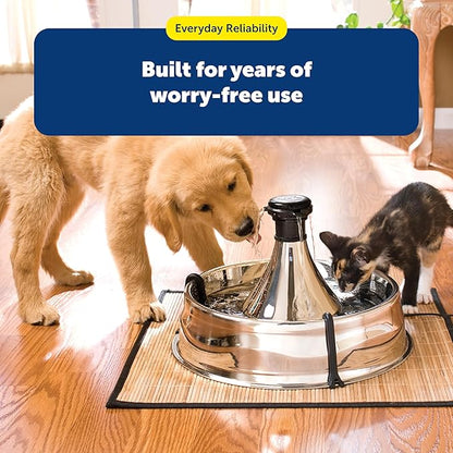 PetSafe Drinkwell Stainless Steel 360 Multiple Pet Fountain - Scratch and Rust Resistant Automatic Water Dispenser for Cats or Dogs - Adjustable Flow Control - 128 Ounce (3.8 Liter) - Filters Included