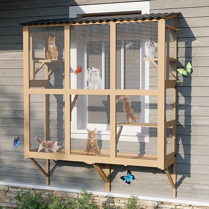 Catio Outdoor Cat Enclosure Window Perch, Expandable Cat Window Box for Multiple Indoor Cats w/4 Platforms & 4 Doors, Patio Kitten House for Sunbathing Overlooking Tunnel Connection (Burlywood)