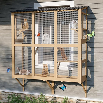Catio Outdoor Cat Enclosure Window Perch, Expandable Cat Window Box for Multiple Indoor Cats w/4 Platforms & 4 Doors, Patio Kitten House for Sunbathing Overlooking Tunnel Connection (Burlywood)