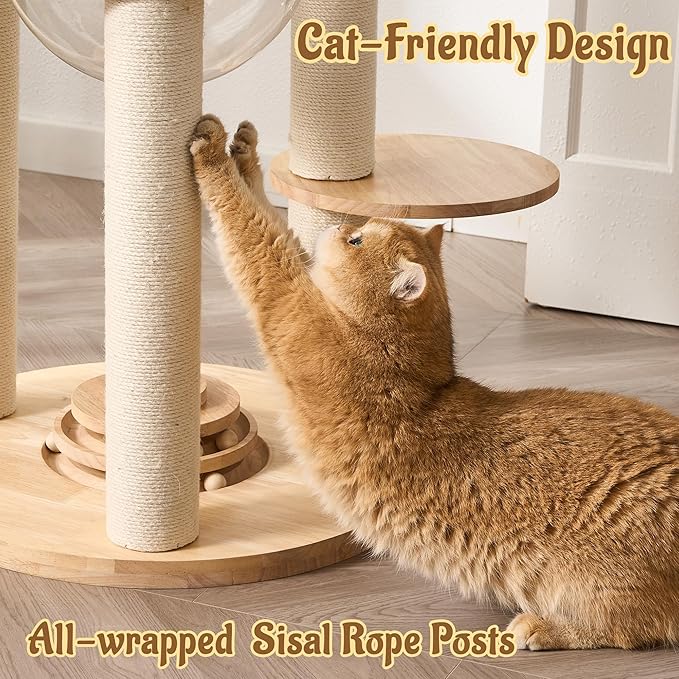 Modern Cat Tree Tower with Scratching Post, 61.5in Tall Cat Tree for Indoor Cats, Multi-Level Solid Wood Cat Furniture with Cozy Cat Beds, Condo, Hammock, Capsule Nest, Turntable Toy, Natural
