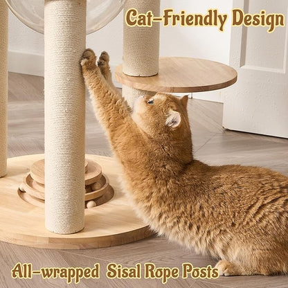 Modern Cat Tree Tower with Scratching Post, 61.5in Tall Cat Tree for Indoor Cats, Multi-Level Solid Wood Cat Furniture with Cozy Cat Beds, Condo, Hammock, Capsule Nest, Turntable Toy, Natural