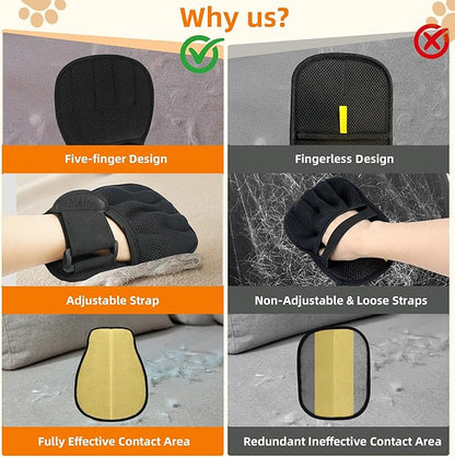 Pet Hair Removal Glove for Cats & Dogs, Patented Adjustable Strap, Reusable Five-Finger Grooming Glove with Secure Non-Slip Fit for Couch, Carpet, Clothing & Car Seat, 2 Pcs